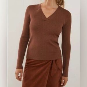 Anthro Maeve Thea Metallic Ribbed V-Neck Sweater
